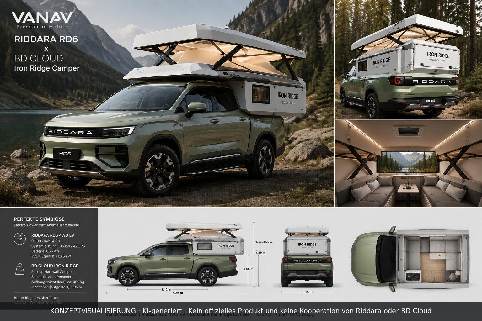 VANAV Konzept eines grünen Riddara RD6 4WD mit weissem BD Cloud Hardwall Pop-up Pickup Camper in alpiner Landschaft